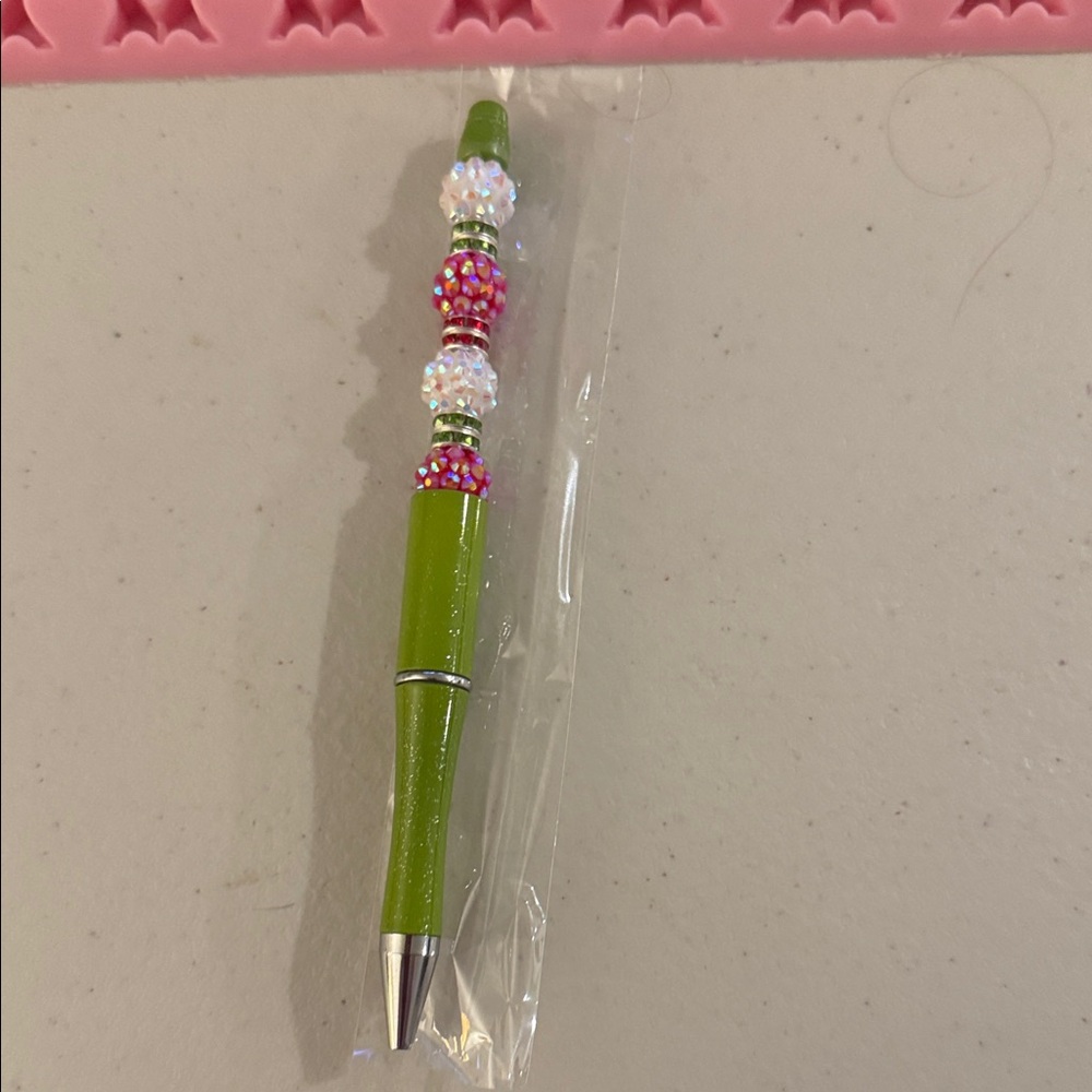 Green Refillable  Ballpoint Pen with Bejeweled Red and White  Beads